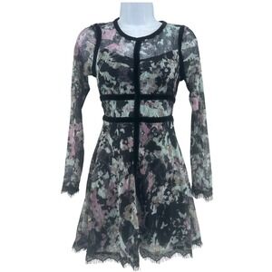 Sheer Lace Fit & Flare Dress Womens XS‎ Black Goth Floral Velvet Trim Whimsigoth
